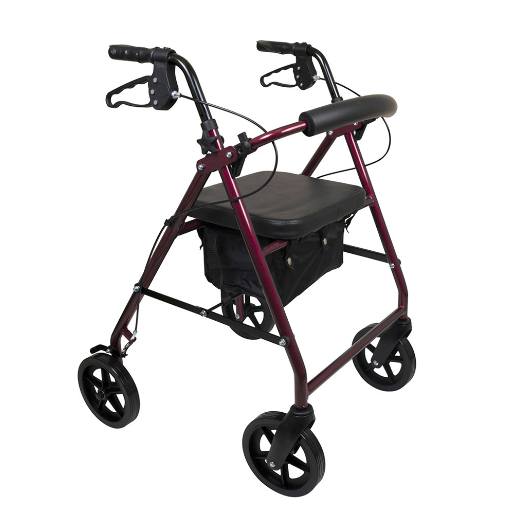 The ProBasics Deluxe Lightweight Aluminum Rollator with 8 wheels in burgundy features hand brakes, a padded seat, and a black storage pouch under the seat—ideal for comfortable and reliable mobility support.